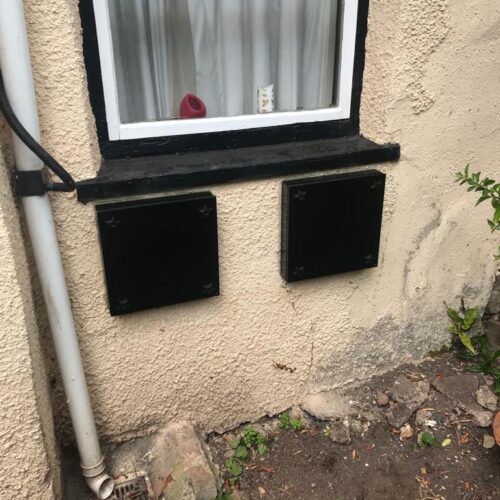 Exterior air brick flood covers supplied and installed by Lakeside Flood Solutions.