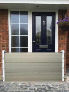 An example of a removable flood barrier for doors available for purchase at Lakeside Flood Solutions.