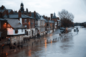 A flooded street in the UK: how to protect your house from flooding